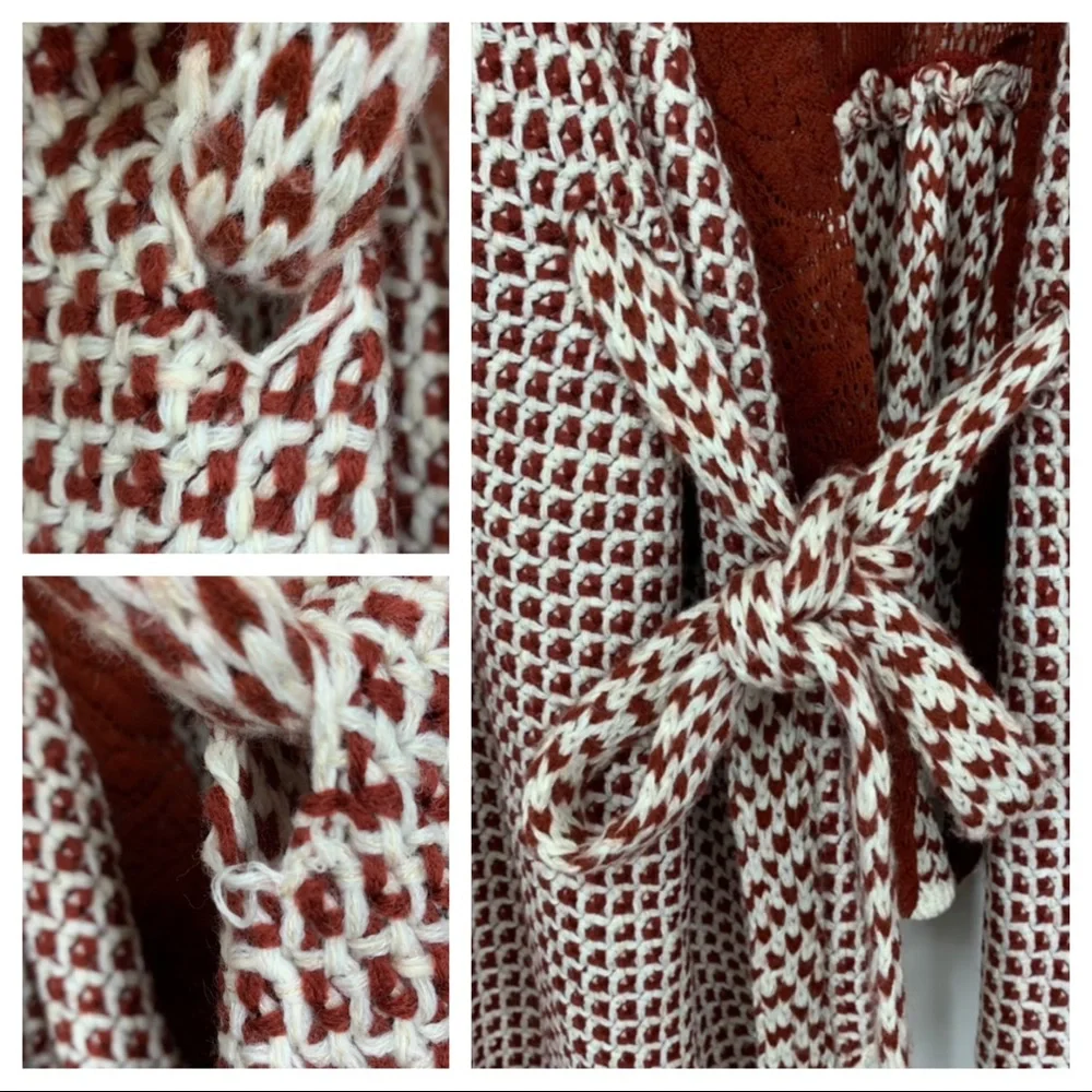 Rare Boho Ryu Rust Red & White Knit Tied Cardigan Sweater New Nwt Size Large - Picture 5 of 16